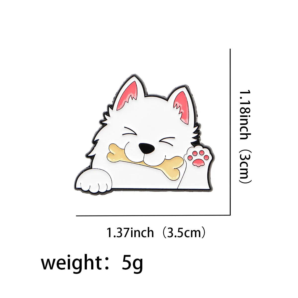 White dog enamel lapel pin with closed eyes, bone, and paw-print charm