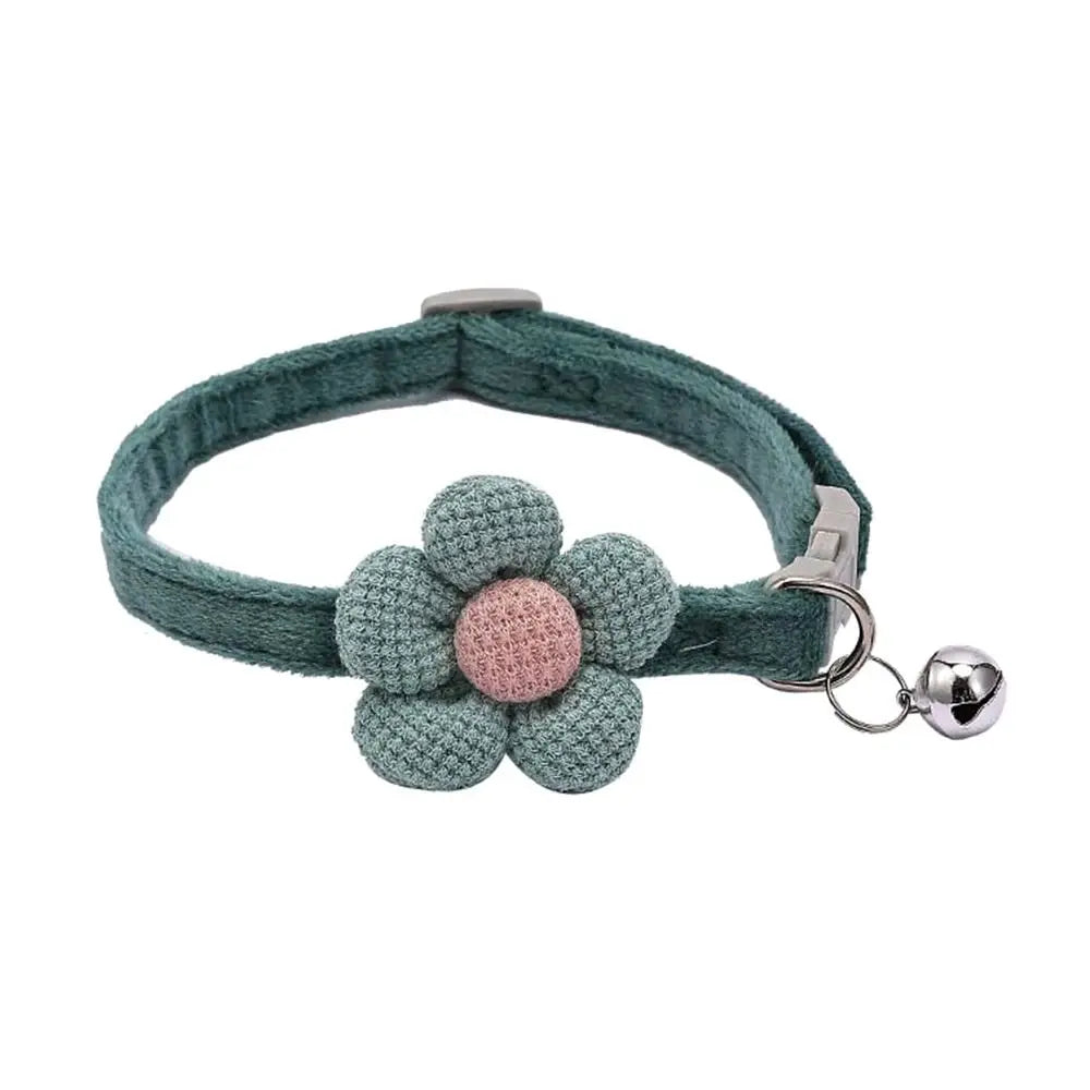 Cat collar with bell, dark teal band and gray flower with pink center