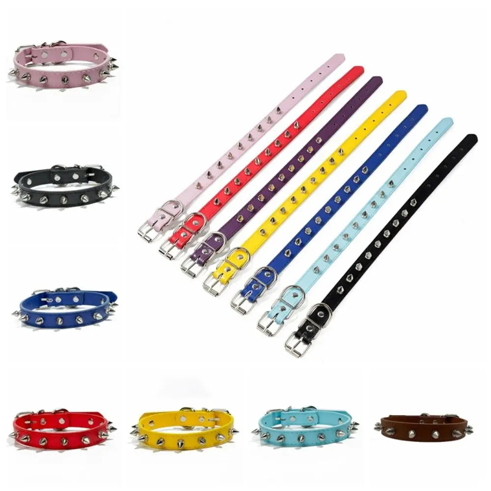 Leather Cat Dog Collar Spiked Studded Adjustable Colorful Pet