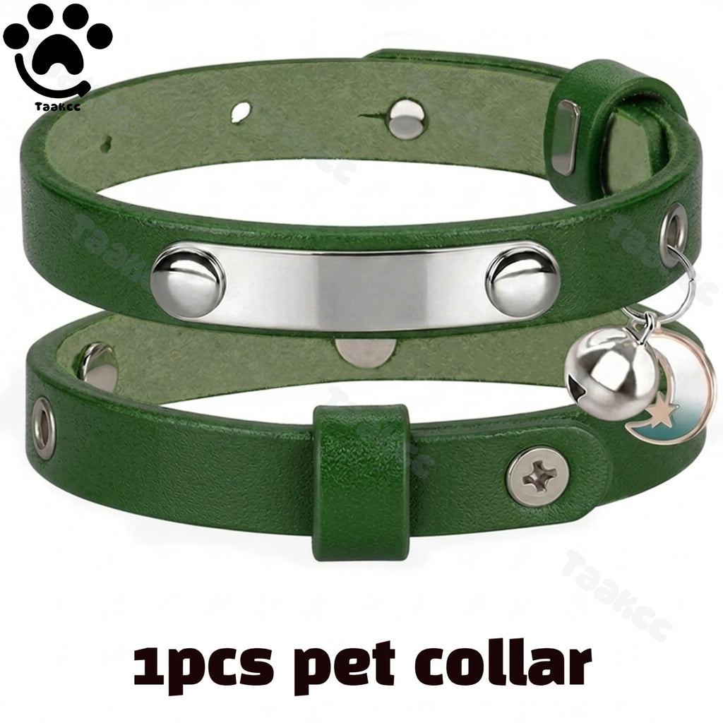 Green leather cat collar set with metal snaps and round bell charm
