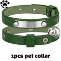 Green leather cat collar set with metal snaps and round bell charm