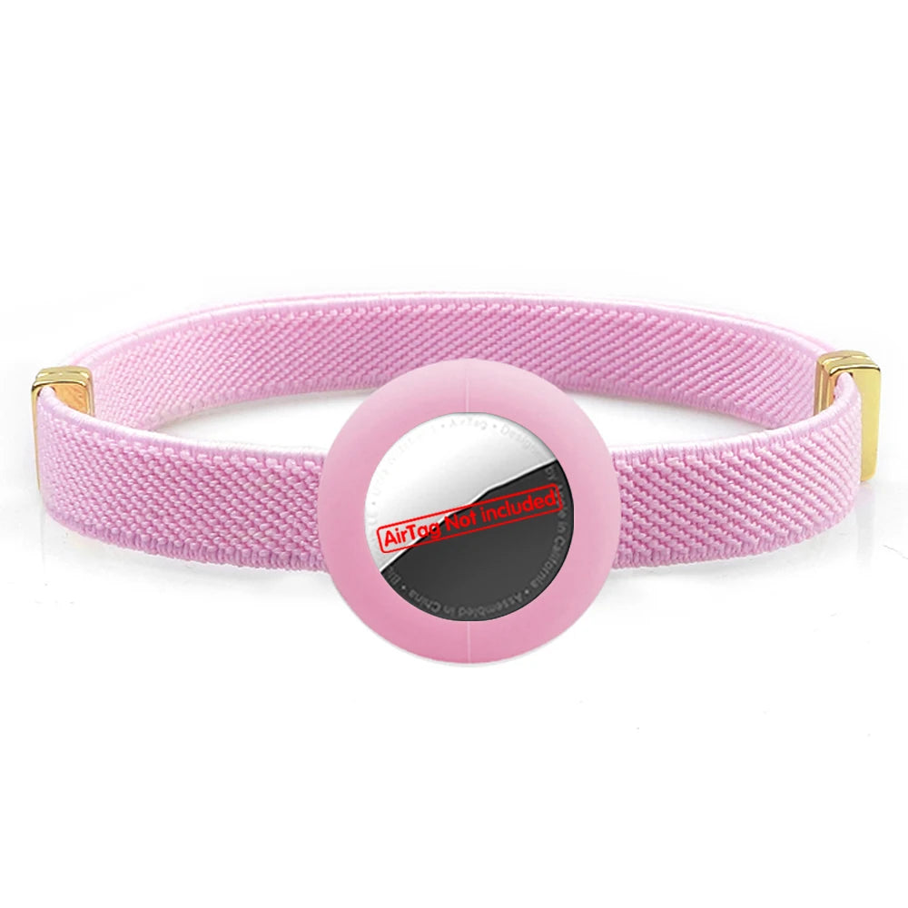 Pink cat collar with AirTag holder, safety breakaway clasp and gold hardware.