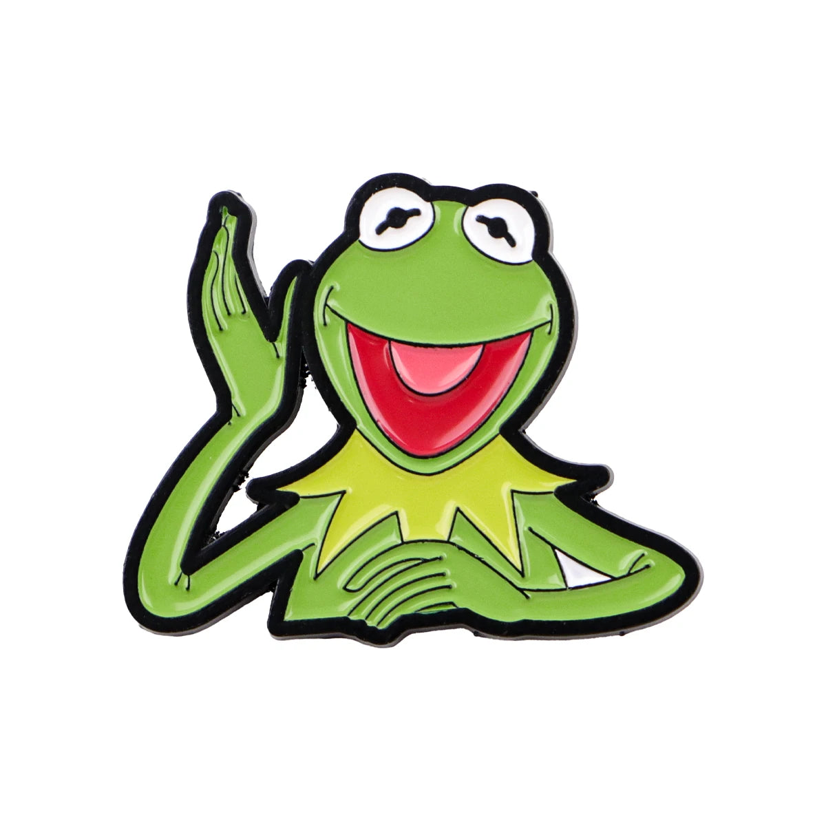 Green frog enamel lapel pin with smiling mouth, waving a raised hand