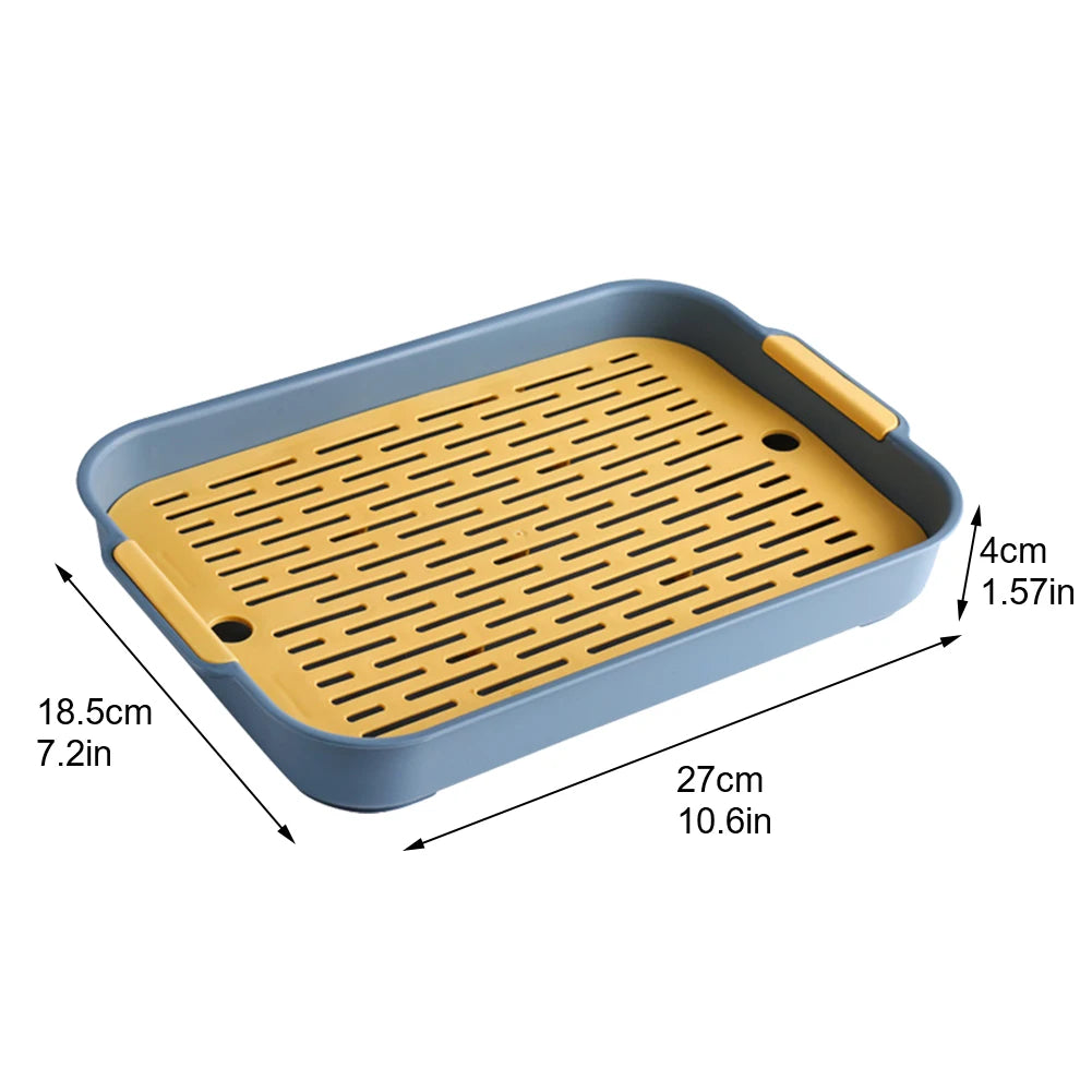 Small pet litter box with blue base and yellow vented grate insert, side handle