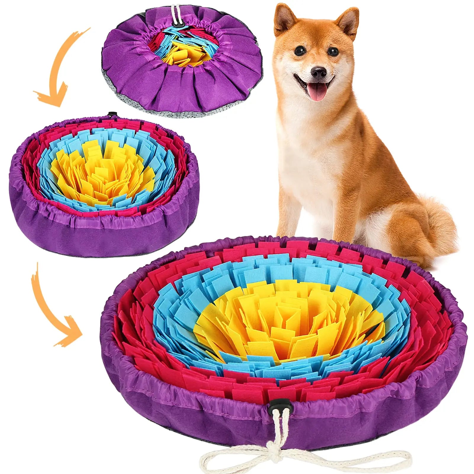 Pet snuffle mat with purple rim and multicolor fleece strips; dog ready to forage