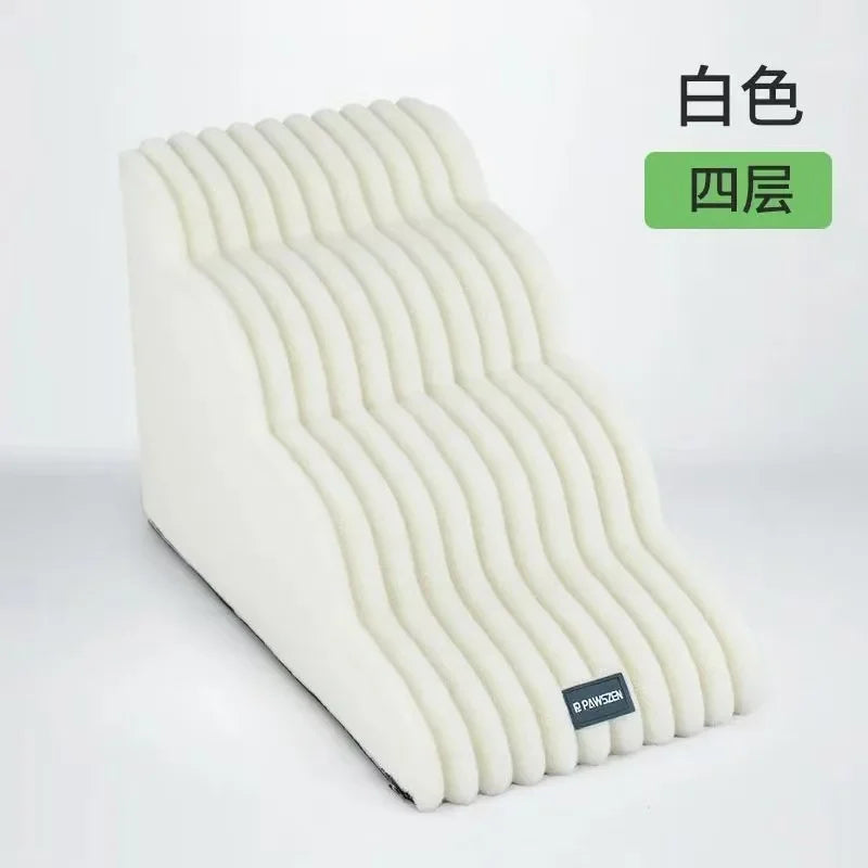 White anti-slip pet stairs ladder with four-layer foam steps and textured wavy treads
