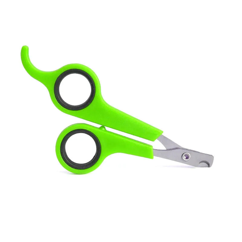 Pet nail trimmer scissors with black rings, neon green handles and metal cutting blades