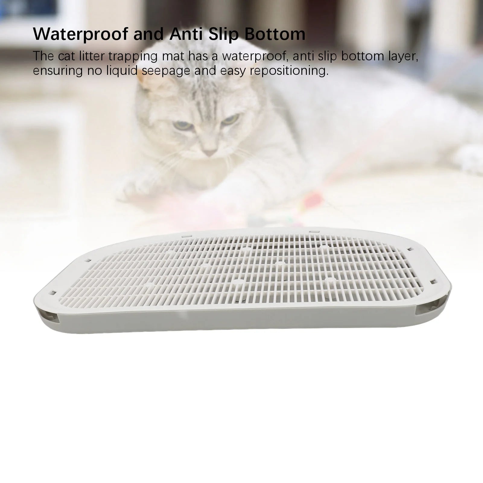 Waterproof anti-slip cat litter mat, light gray, textured grid surface for tracking control