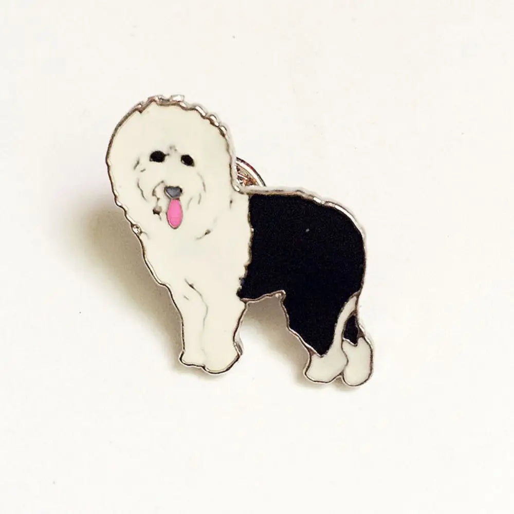 Enamel pin of a white-and-black cartoon dog with a pink tongue
