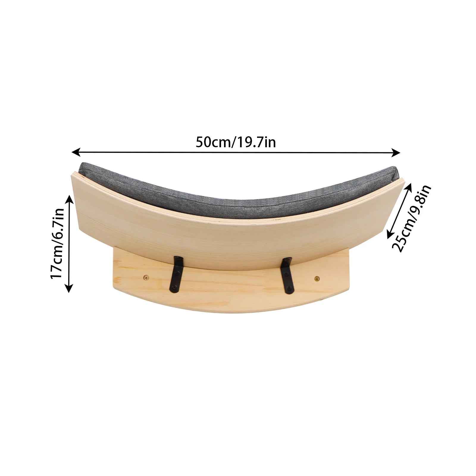Curved wall cat shelf bed with light wood base and dark gray padded top