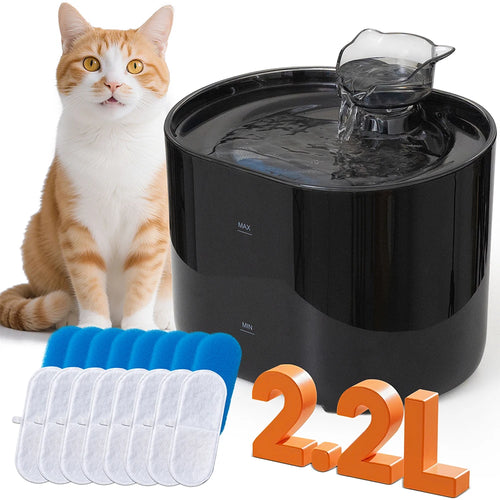 Black automatic cat water fountain with water nozzle, blue cleaning pads, and orange cat