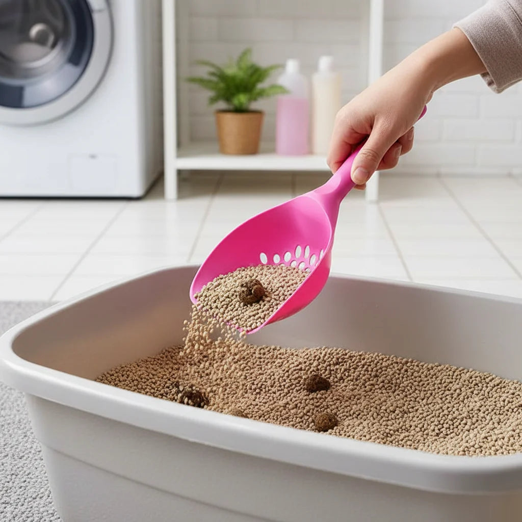 Cat litter scoop with pink long handle and perforated bowl, tipping litter into a box