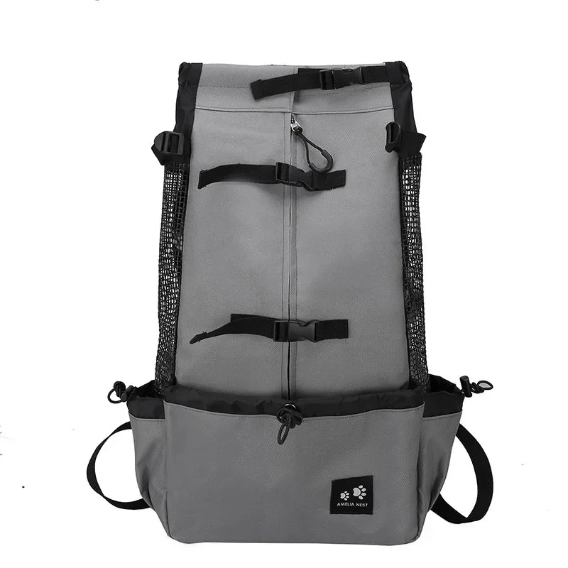Large dog travel carrier backpack, light gray with top handle and side straps