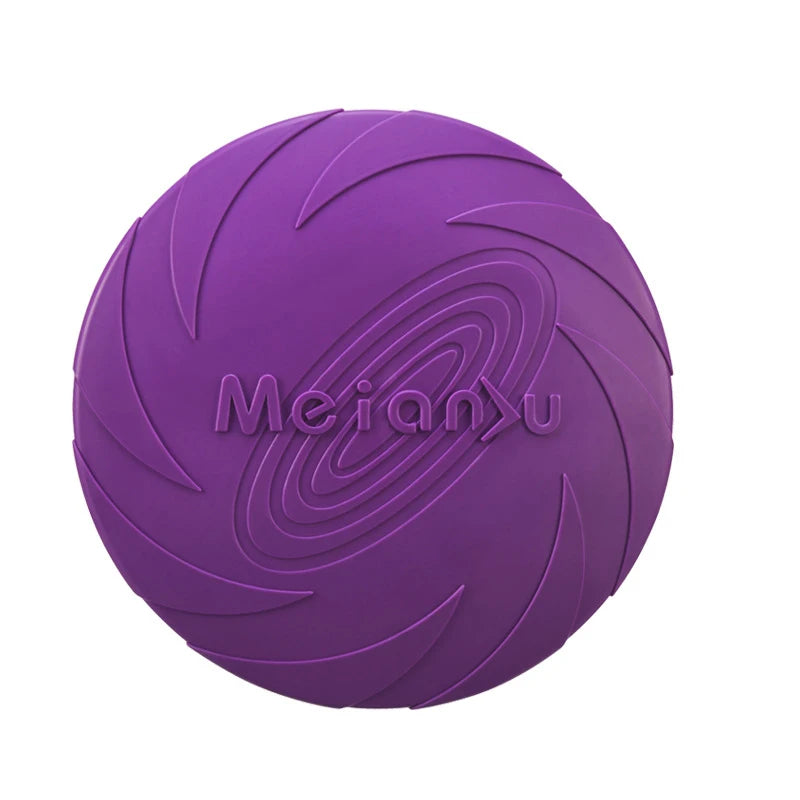 Purple silicone flying disc dog chew toy, swirl texture and MeianyU logo