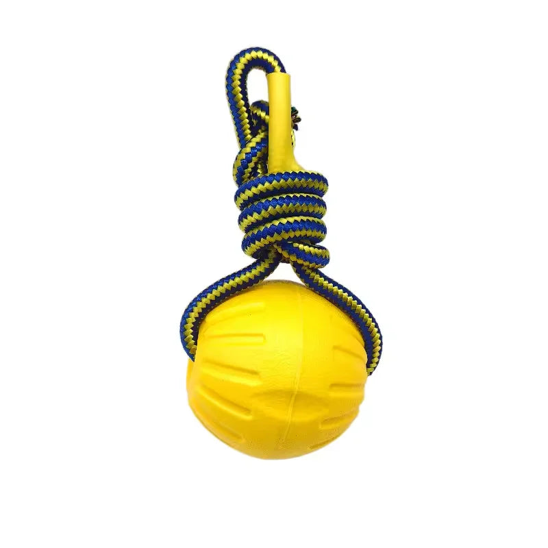 Dog chew ball rope toy with yellow EVA floating ball and blue-yellow braided rope