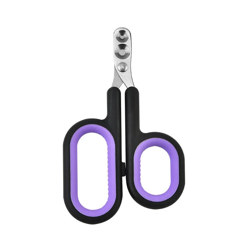 Pet nail clipper with black handles and purple loop grips, compact small-animal trimmer