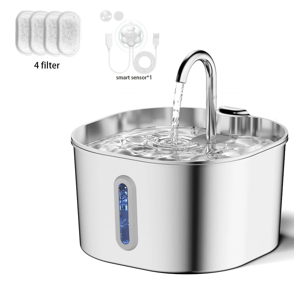 Stainless steel cat water fountain with faucet spout and flowing water, 4 filters shown