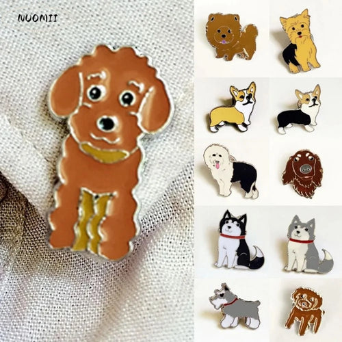 Cartoon brown dog enamel pin with white outline and open mouth detail