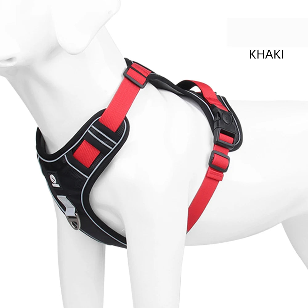 Black tactical dog harness vest with red straps and adjustable buckles