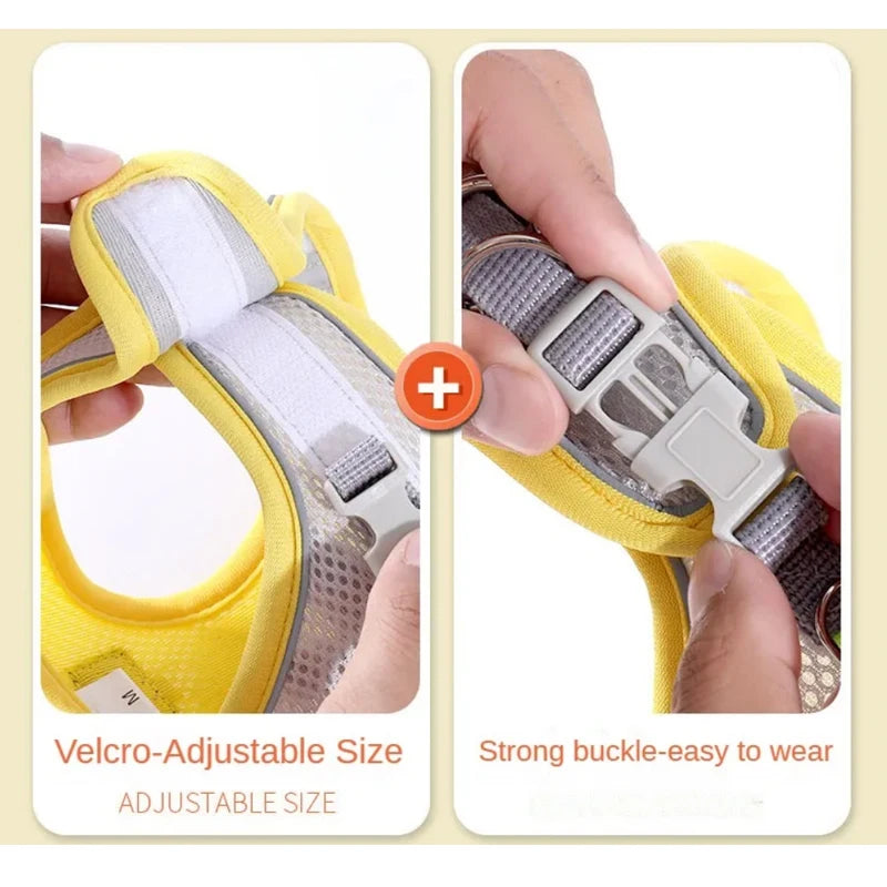 Yellow breathable dog harness vest with gray mesh lining and plastic buckle and strap