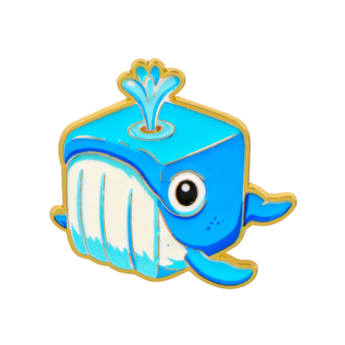 Enamel whale pin, blue cartoon whale with big eye and gold outline