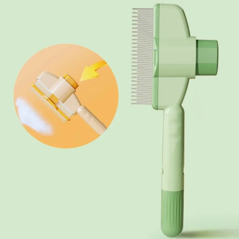 Self-cleaning pet hair remover comb with fine metal pins, green handle and matching head