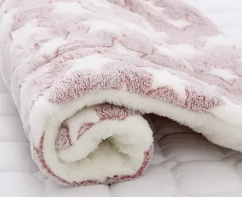 Fuzzy cat hammock cover with cream fabric and pink-and-brown striped trim