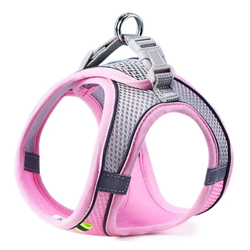 Dog harness vest with chest rope, pink and gray mesh with reflective white edge trim
