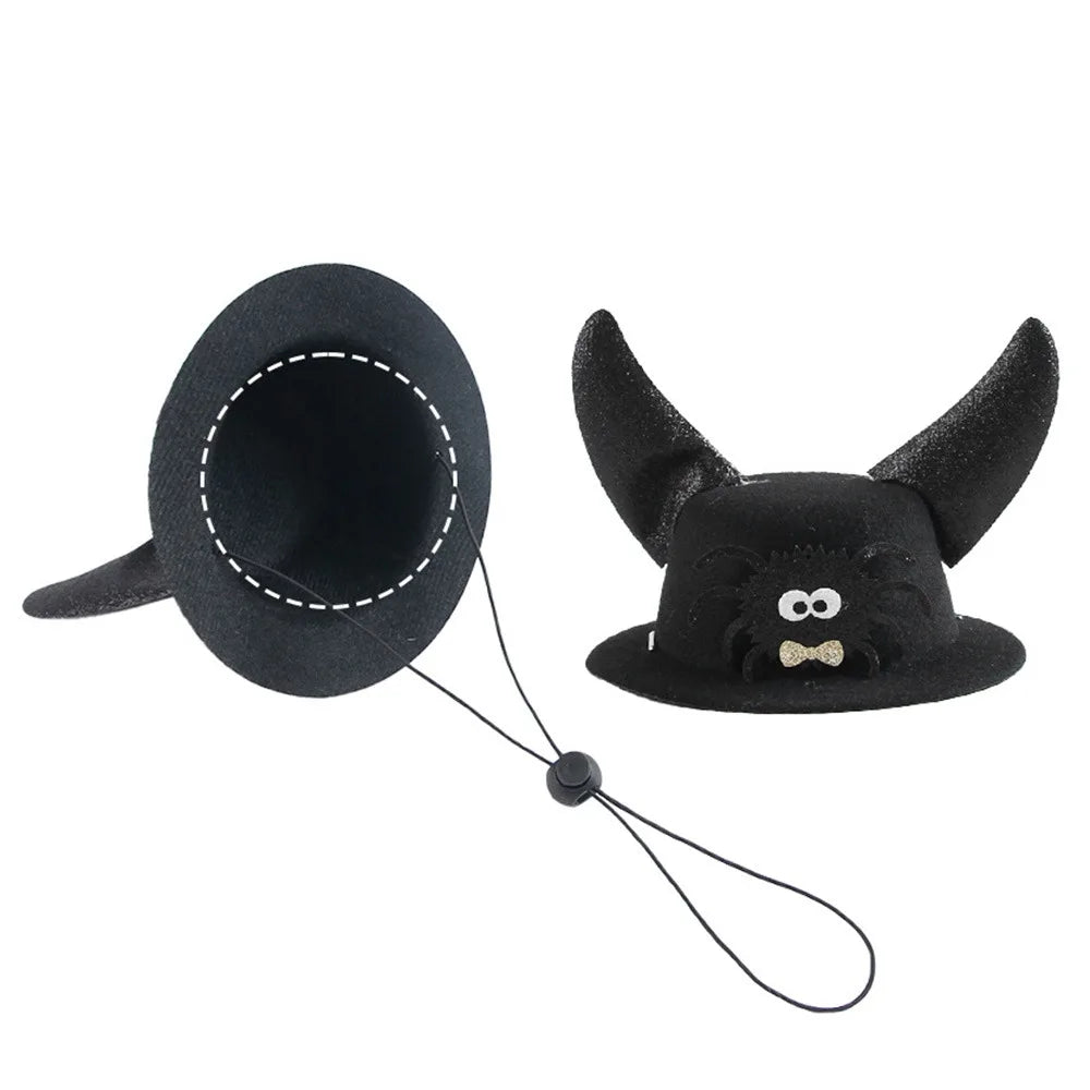 Black felt pet horn hat with stitched monster face and chin strap