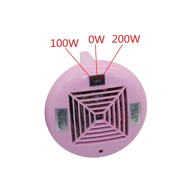 Pink vented pet heating lamp with power wattage markings on the grille
