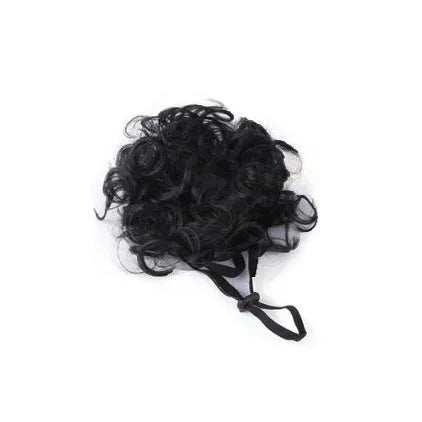 Black curly wig headdress with black drawstring ties