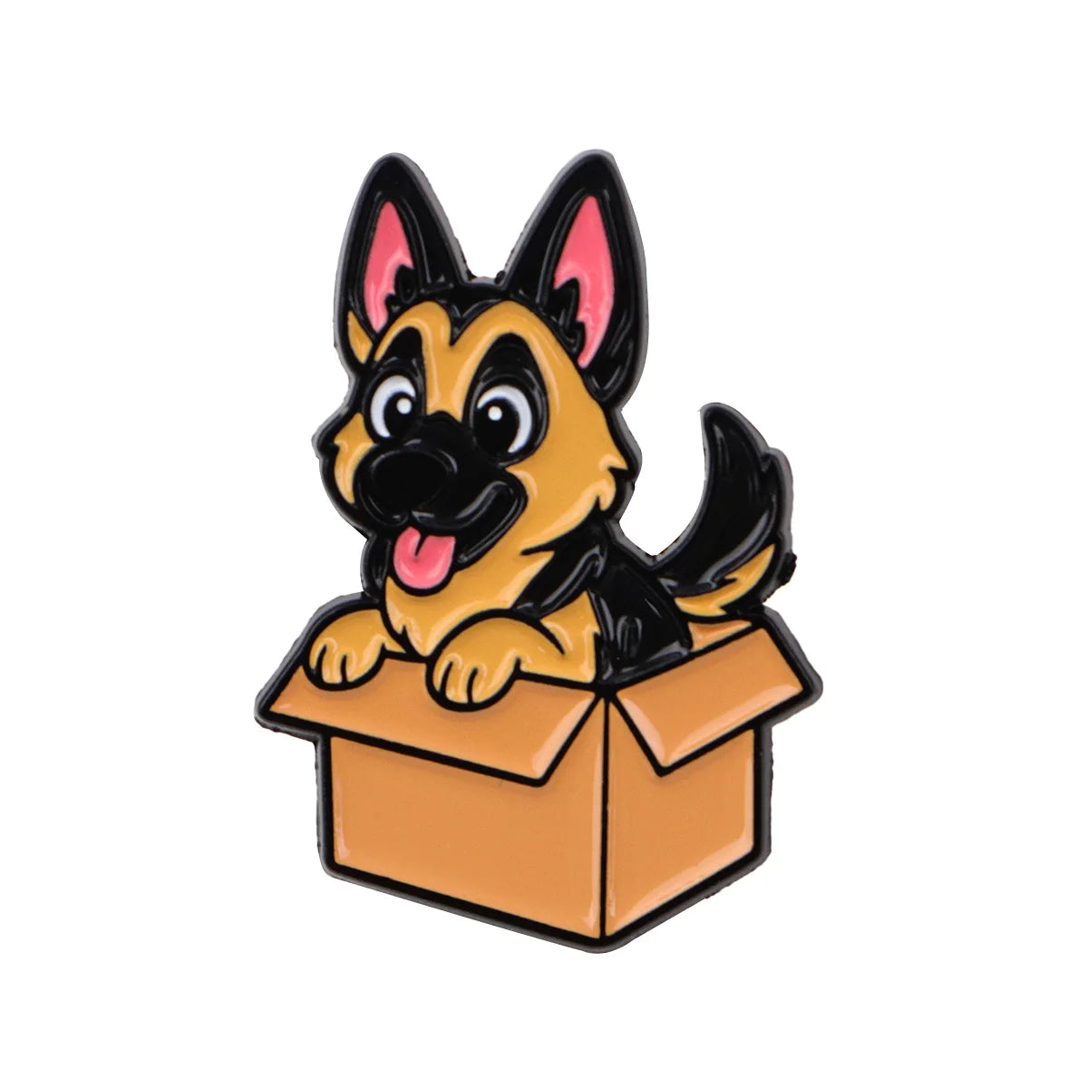 Playful cats & dogs enamel lapel pin of a black-and-tan dog peeking from a box