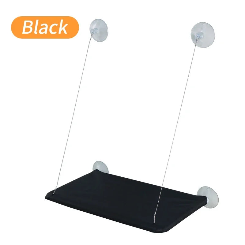 Window hanging cat hammock bed in black with four suction cup anchors