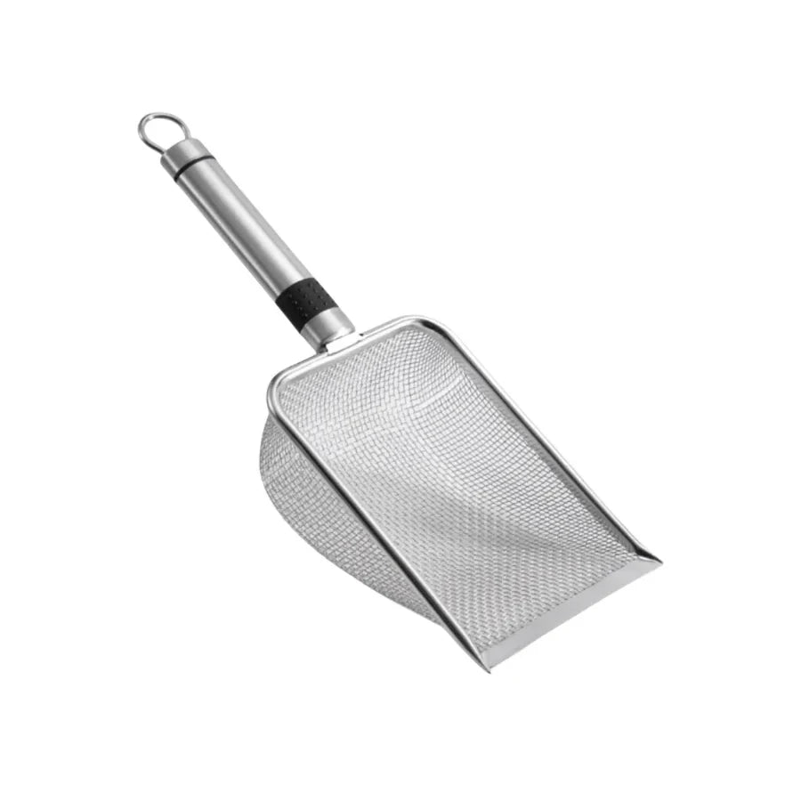 Stainless steel cat litter scoop with mesh screen and looped hanging handle