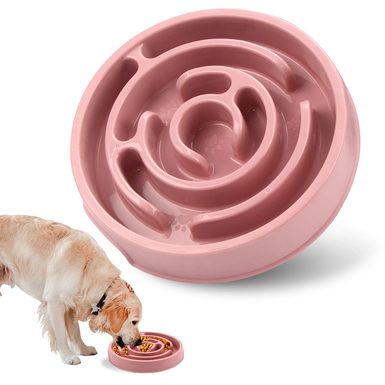 Eco non-slip slow feeder dog bowl, pink maze insert with raised channels