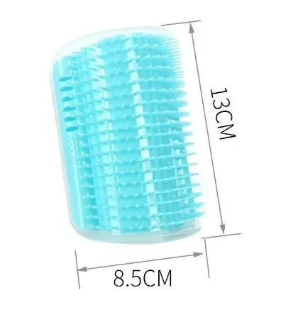 Aqua blue cat corner wall scratcher with curved spiked bristles and padded base