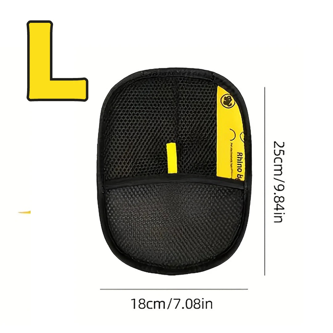 Pet hair removal glove brush, black mesh with yellow strip, round palm pad.