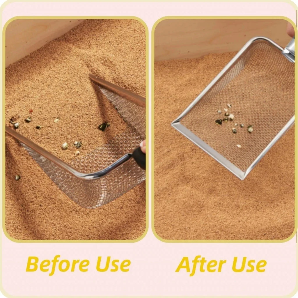 Stainless steel cat litter scoop with mesh screen shown in cat litter