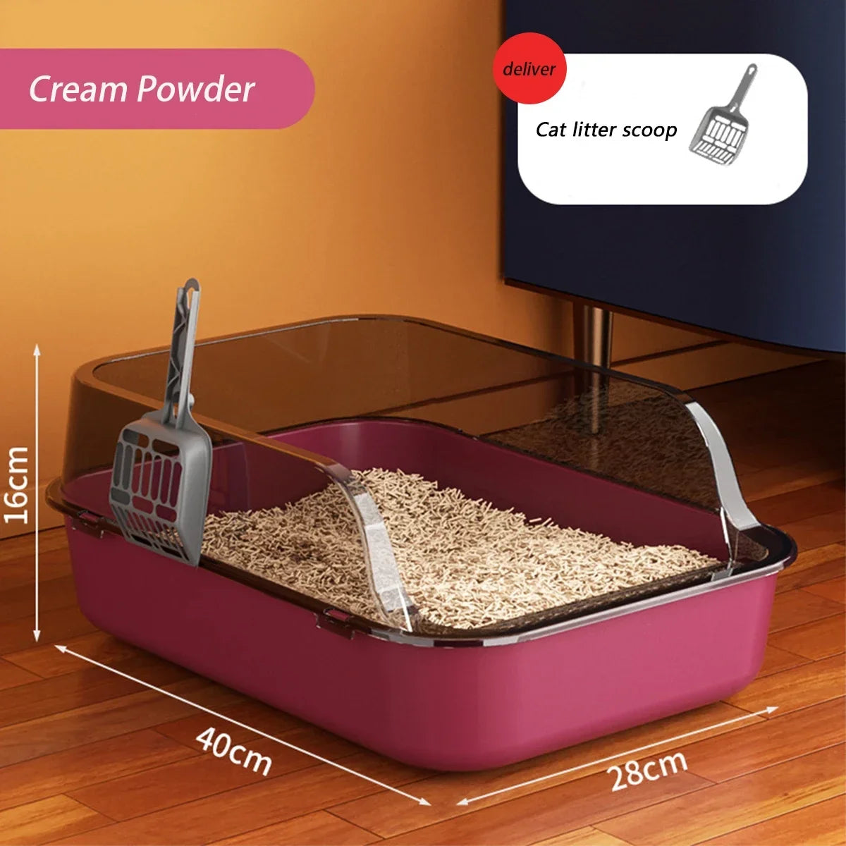 Semi-enclosed high-side cat litter box with scoop, magenta/pink base and open top