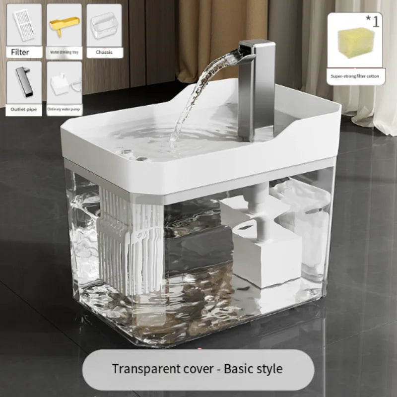 White-top transparent cat water fountain with running water from chrome spout