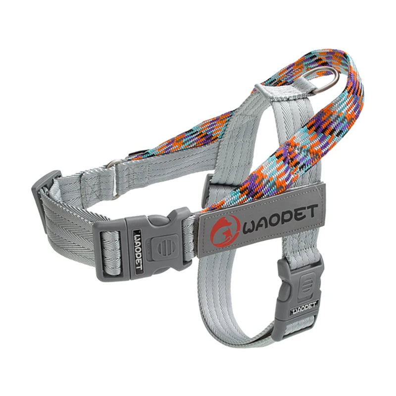 Gray dog chest harness with patterned collar strap, WAOPET tag and gray buckles