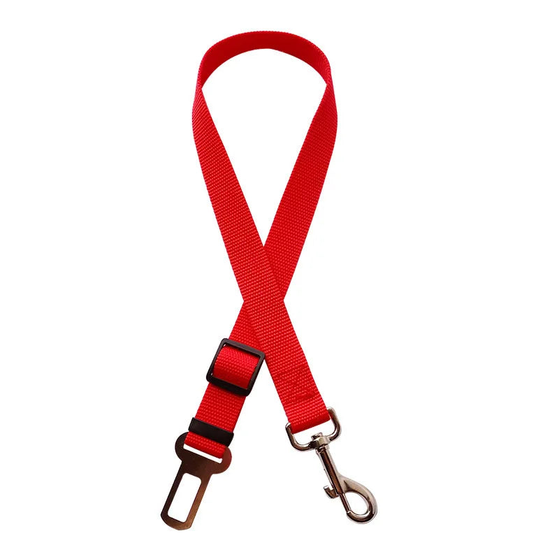 Pet car safety harness clip: red adjustable seat belt strap with metal carabiner and buckle