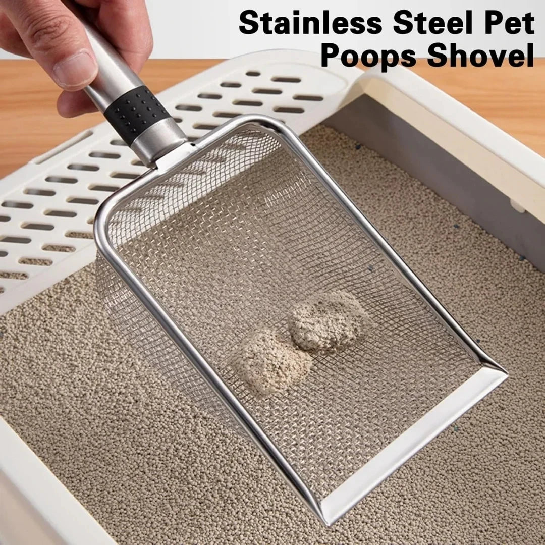 Stainless steel cat litter scoop with mesh screen and black comfort grip handle