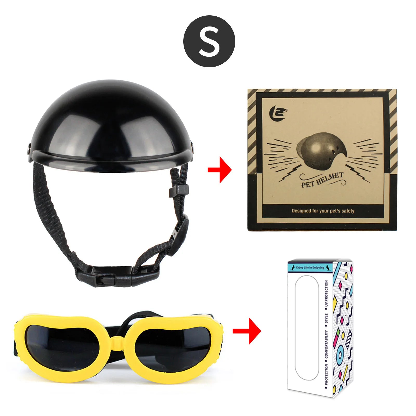 Small pet motorcycle helmet goggles set, black helmet with yellow sunglasses