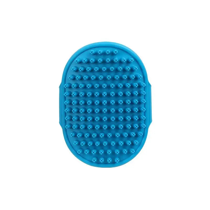 Blue silicone pet bath brush pad with dense rubber nubs, oval shape