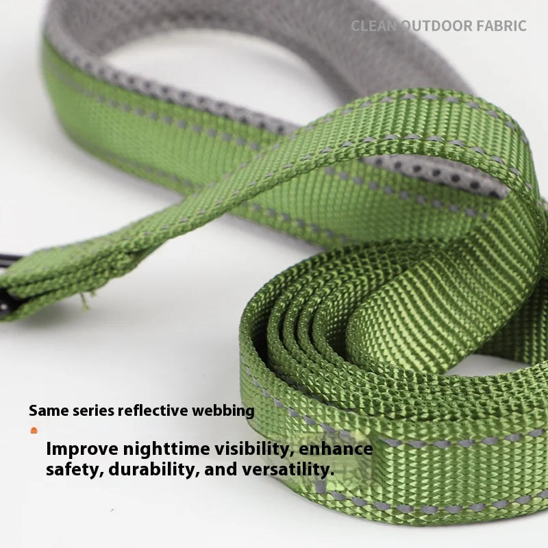 Green reflective leash webbing with stitched texture and woven loop