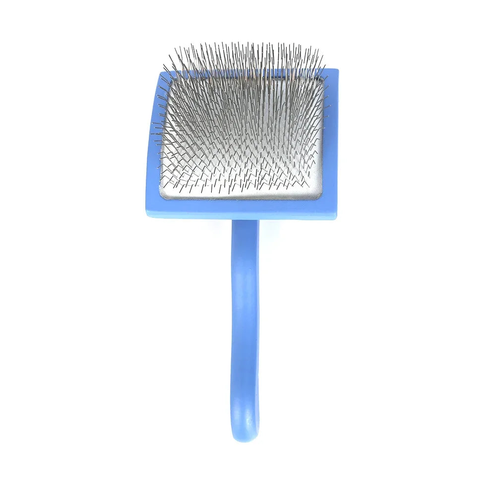 Blue double-sided pet grooming brush with silver metal pins for deshedding