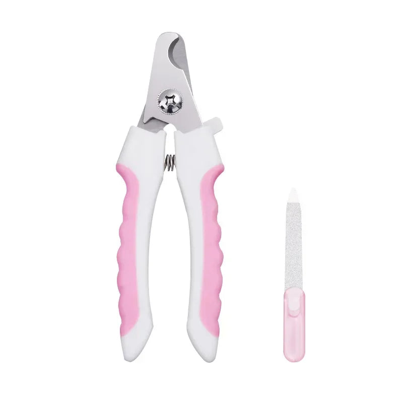 Pet nail clipper with pink grips and white body, with nail file