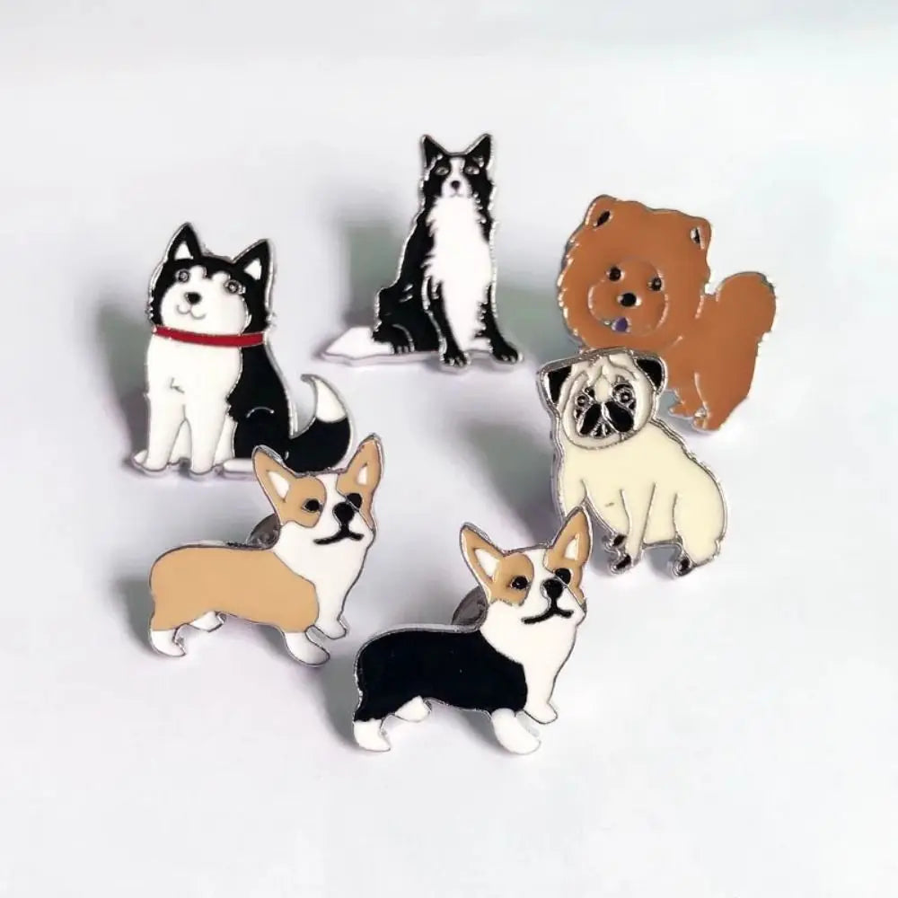 Set of cartoon dog enamel pins in black, tan, and white designs