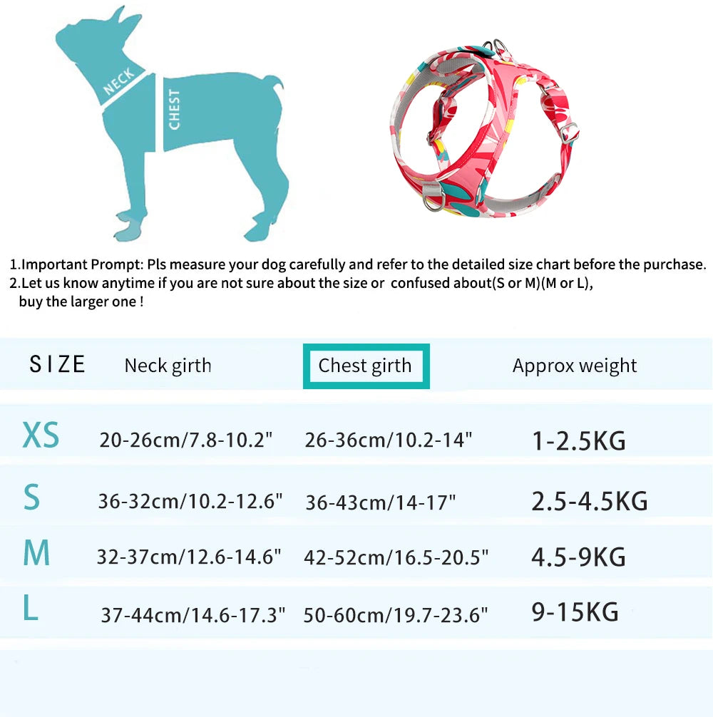 Dog harness sizing chart with neck and chest measurements, approx weight ranges